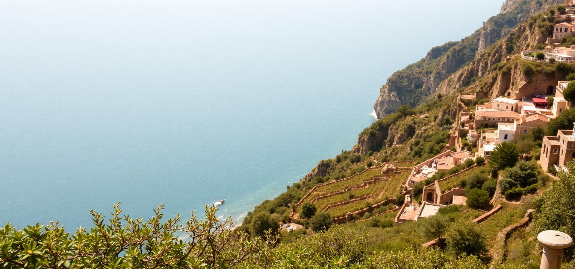 The terraced hills and coastline of the Amalfi Coast from above