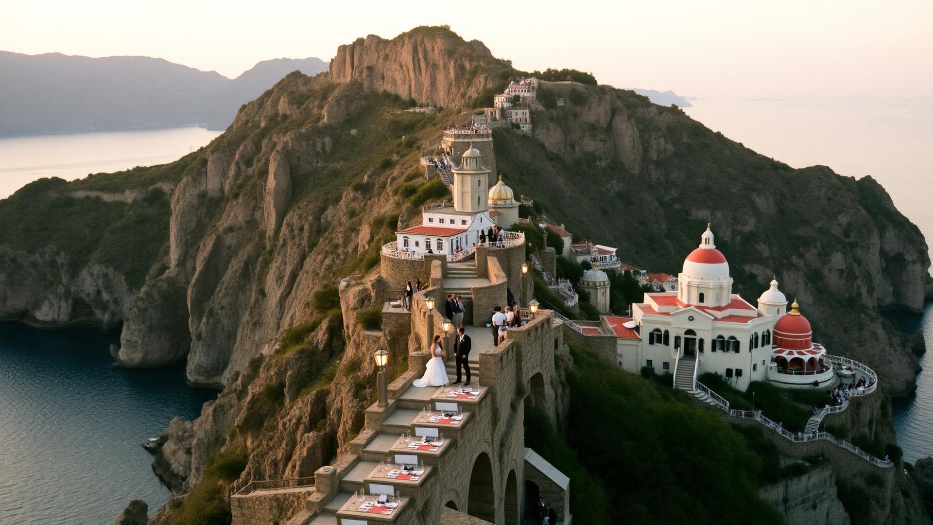 A wedding celebration on a clifftop terrace above the Amalfi Coast at golden hour