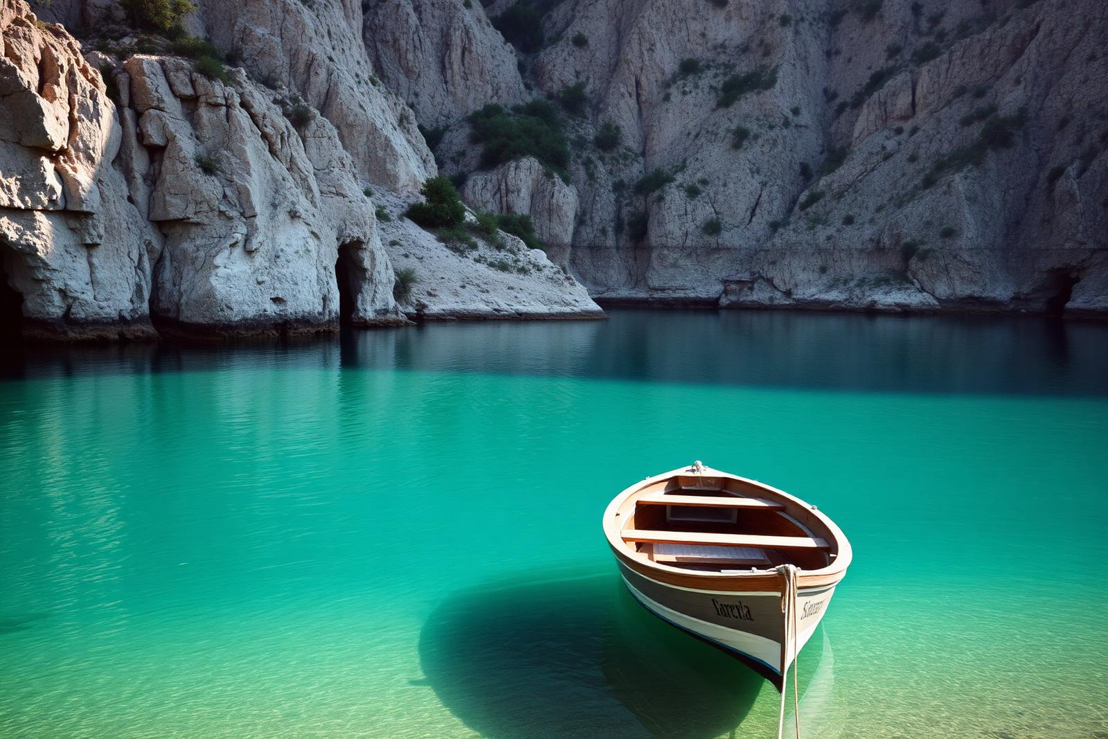 A small wooden boat moored in an empty cove